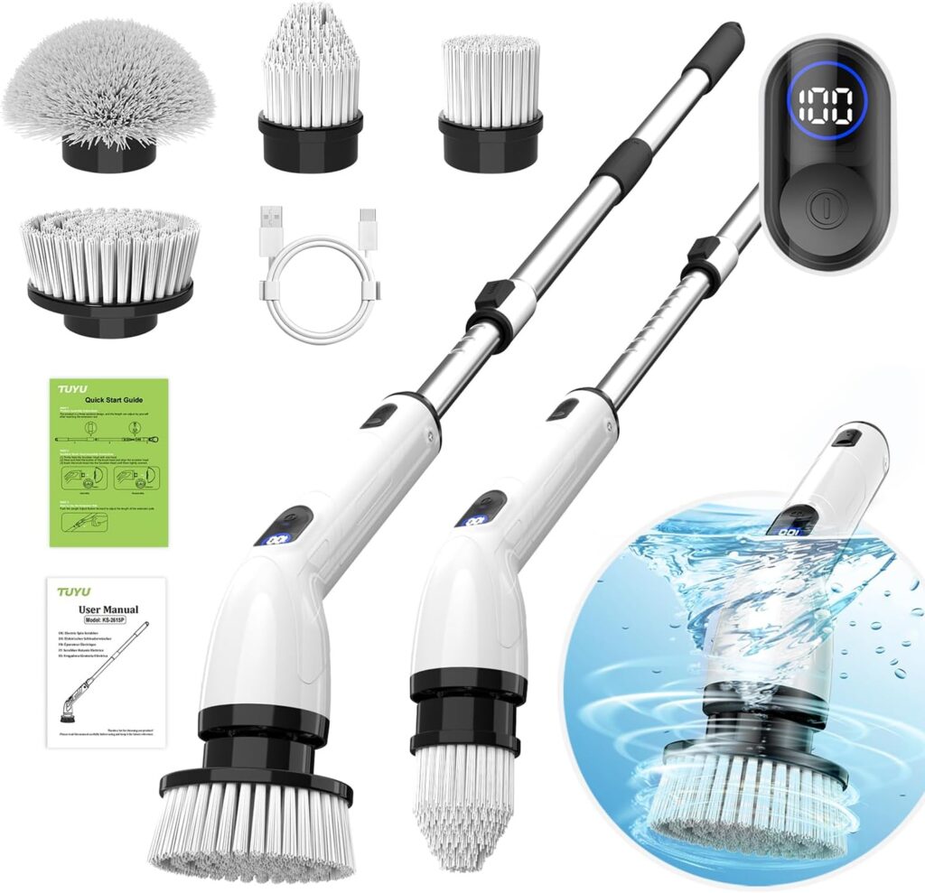 TUYU Electric Spin Scrubber, Full-Body IPX7 Waterproof Bathroom Scrubber with Power LCD Display,